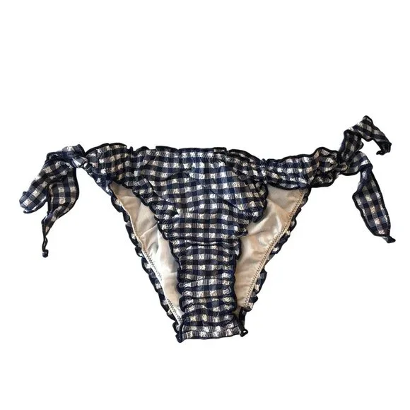J Crew Ronnie Lettuce-Trim Bikini Bottom Gingham Navy Blue S - Picture 2 of 6
